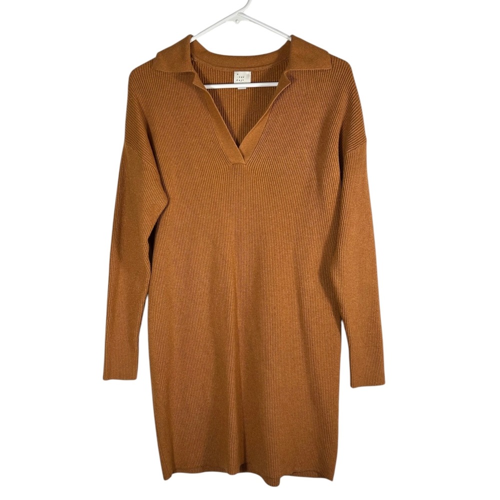A New Day Women Cognac Brown Ribbed Knit V-Neck Polo Collar Sweater Dress Small